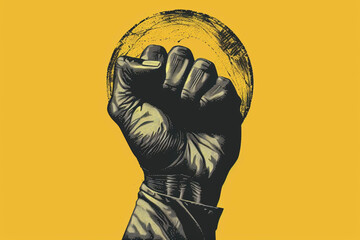Juneteenth emancipation fist illustration, fist raised on yellow background, postcard, banner