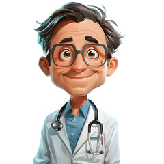An animated cartoon doctor with glasses and stethoscope is smiling happily