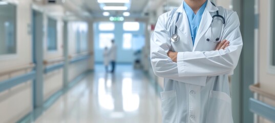 Health care and medicine. Medicine and technology. Doctor standing on hospital background