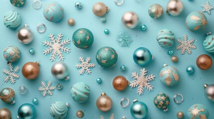 Holiday balls and decorative snowflakes on turquoise pastel background. Christmas or New year card. Minimalistic flat lay, top view