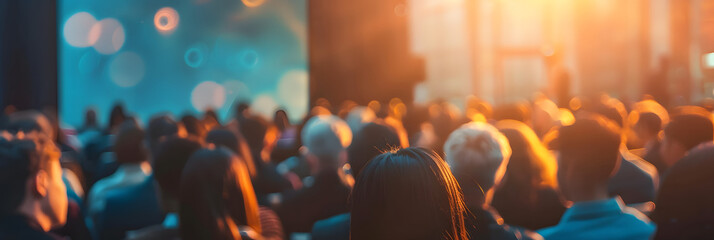 An audience of entrepreneurs at a startup event, captivated by an innovative product demonstration on stage, Leadership, Conference Event, blurred background, with copy space