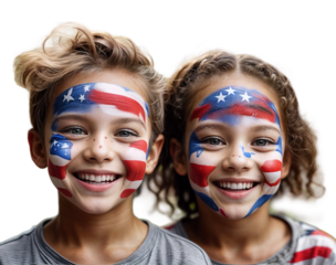 Young children smilling in happiness with faces painted in the colors of the American flag, isolated on the white background