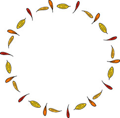 Round frame in stylish red, orange and yellow flower petals on white background. Vector image.