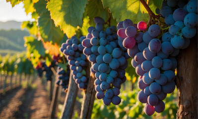 Naklejka premium Red wine grapes on vine in summer vineyard on blurred vineyard background, close up with copy space.
