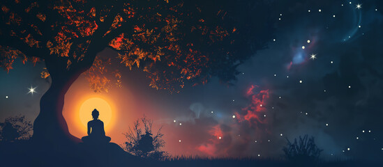 Realistic illustration of buddha purnima. Buddha meditating under a bodhi tree.