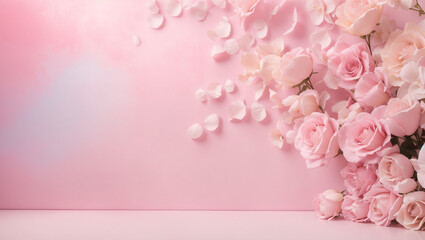 A pink background with pink roses in the corner.

