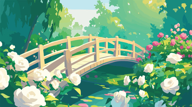 Garden Bridge White Roses Clipart 2d flat cartoon v