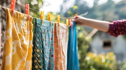 Close up view of hanging colorful clothes and arranging them on the line for drying after washing procedure