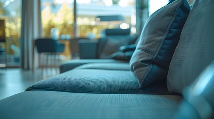 Close up view of vacuumed sofa and cleaned furniture surface - obrazy, fototapety, plakaty