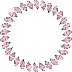 Round frame in wondrous pink flower petals on white background. Vector image.