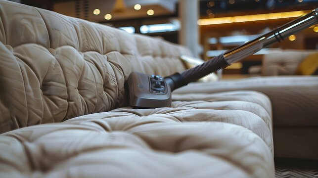 Close up view of vacuumming sofa and cleaning furniture surface