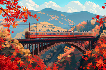 紅葉の陸橋と電車の風景