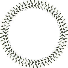 Round frame with cute spring green branches on white background. Vector image.