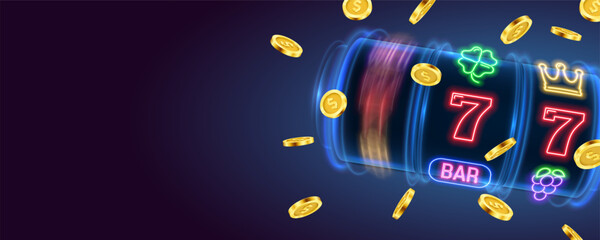 Slot machine with neon gaming symbols and falling coins. Vector illustration.