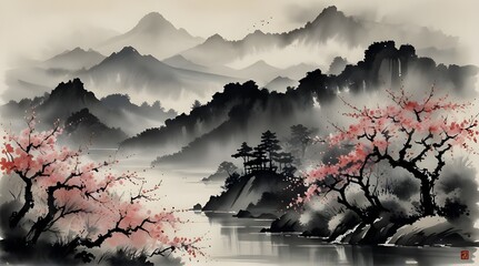 Landscape with sakura blossom and distant mountains  .Generative AI