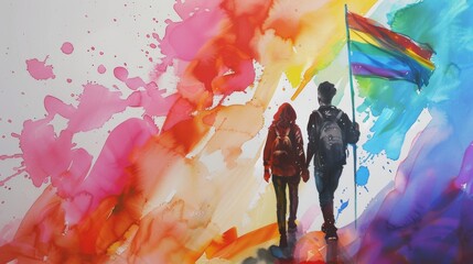 Two teenagers with lgtbq+ flags at the gay pride demonstration, Pride month concept