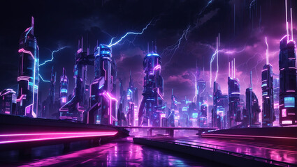 A digital painting of a futuristic city at night with glowing skyscrapers and lightning in the background.


