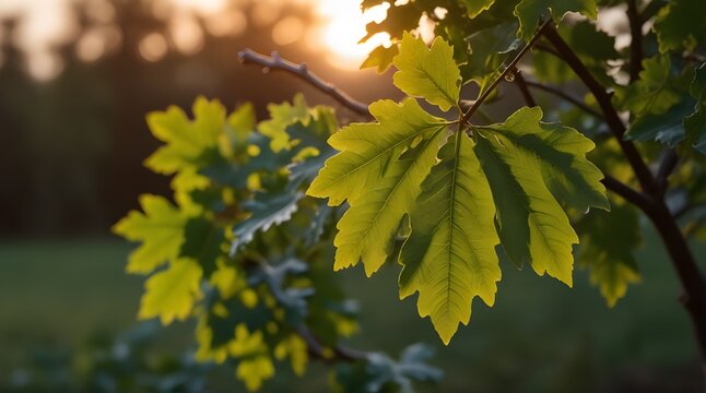 Leaves of a young oak tree on a sunset or sunrise back .Generative AI