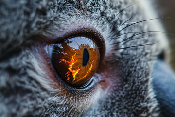 Close up of Koala bear's eye with reflection of fire