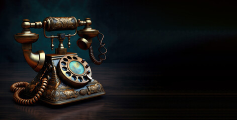A vintage black analog telephone with a rotary dial commands attention against a deep black backdrop. Its aged yet elegant appearance evokes a sense of timeless charm, leaving a blank space, inviting 