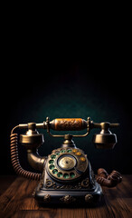 A vintage black analog telephone with a rotary dial takes center stage against a dark background. Its classic design exudes elegance and antiquity, leaving ample space for accompanying text.