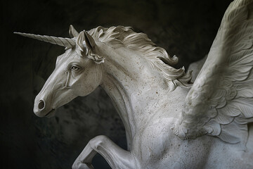 Sculpture of beautiful Pegasus with unicorn horn - obrazy, fototapety, plakaty