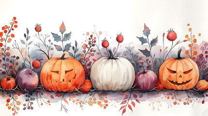Watercolor painting of pumpkins and leaves on white background - obrazy, fototapety, plakaty