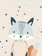 Fototapeta premium Cute fox illustration on beige background with polka dots for creative design projects