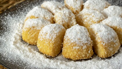 Fototapeta na wymiar Wallpaper texted Sweets with Tea: Celebratory Maamoul Cookies and Powdered Sugar on Kahk