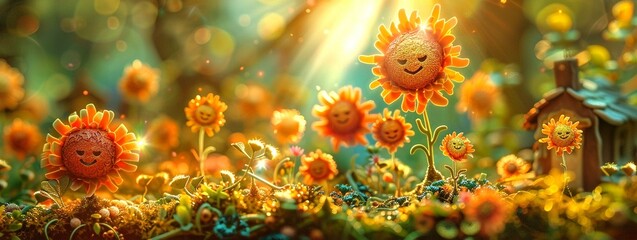 Sunshine Smiles Miniature suns beam down rays of happiness onto a whimsical landscape, where tiny figures bask in the warmth of positivity and radiate smiles that light up the world.