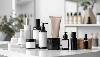 set of cosmetics on a white table on a white background