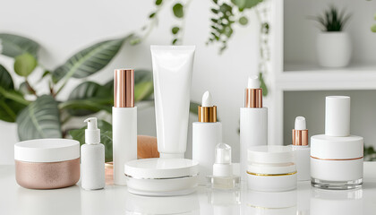 Fototapeta na wymiar set of cosmetics on a white table on a white background
