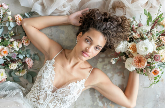 Photo of a bride lying on her wedding dress, holding flowers and looking up at the camera, seen from above in white.