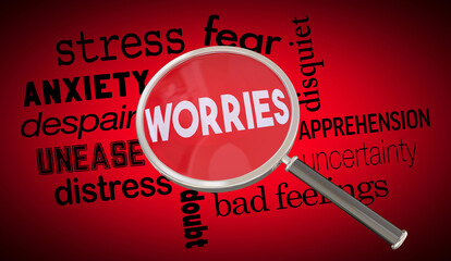 Worries Magnifying Glass Stress Anxiety Conern Doubt Words 3d Illustration
