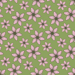Seamless pattern in positive pink flowers on green background. Vector image.