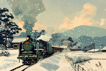 農村を走る電車の風景（冬） - obrazy, fototapety, plakaty