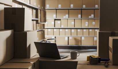 Warehouse interior with cardboard boxes and laptop - 784415063