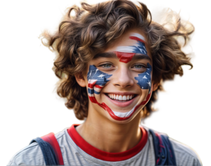 Young teenage students smilling in happiness with faces painted in the colors of the American flag, isolated on the white background