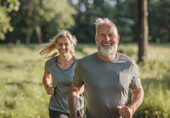 Smiling senior couple doing sports in the park, healthy lifestyle concept with happy young people running and jogging outdoors on a summer day