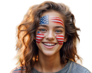 Young teenage students smilling in happiness with faces painted in the colors of the American flag, isolated on the white background