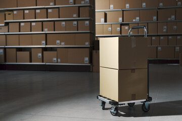 Distribution warehouse interior with delivery boxes and trolley - 784415275