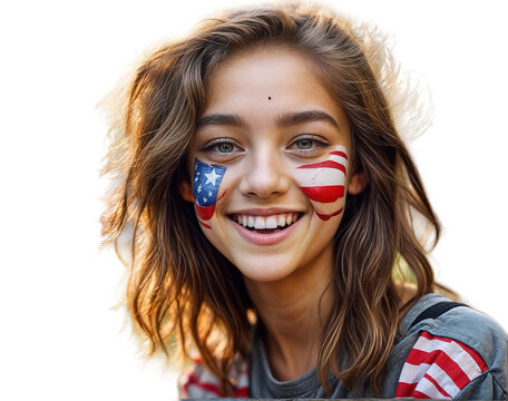 Young teenage students smilling in happiness with faces painted in the colors of the American flag, isolated on the white background