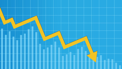 Descending financial chart background. A zigzagging arrow pointing downwards along with a bar graph on a blue grid.