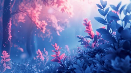 Exploring a futuristic forest where animated flora shift into abstract blue and pastel pink patterns, creating a tranquil and spacious environment.