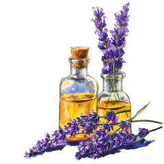 watercolor illustration with lavender flowers, composition of lavender flowers, massage oils with lavender aroma