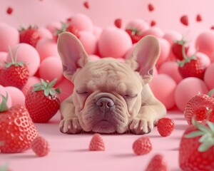 A surreal scene unfolds as a Strawberry and Berry Bulldog venture through virtual reality, enveloped by pastel swirls and shapes in a minimalist, spacious world.