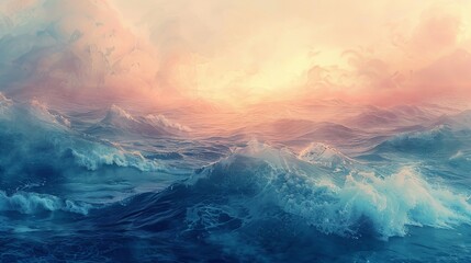 A serene abstract landscape of water and chaos merging peacefully, evoking a sense of tranquility and escape from a cybernetic hell. - obrazy, fototapety, plakaty