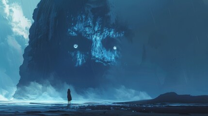 A surreal depiction of a towering giant in dark and light blue hues, set against a backdrop of negative space, evoking a haunting high school nightmare.