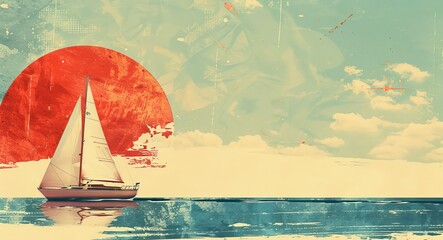 A nostalgic memory of sailing as a child is portrayed in a composite nutrifact style, with retro colors blending into an abstract background pattern. - obrazy, fototapety, plakaty