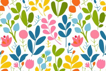Vibrant Floral and Leaf Pattern with Blue, Green, and Pink Flowers on White Background